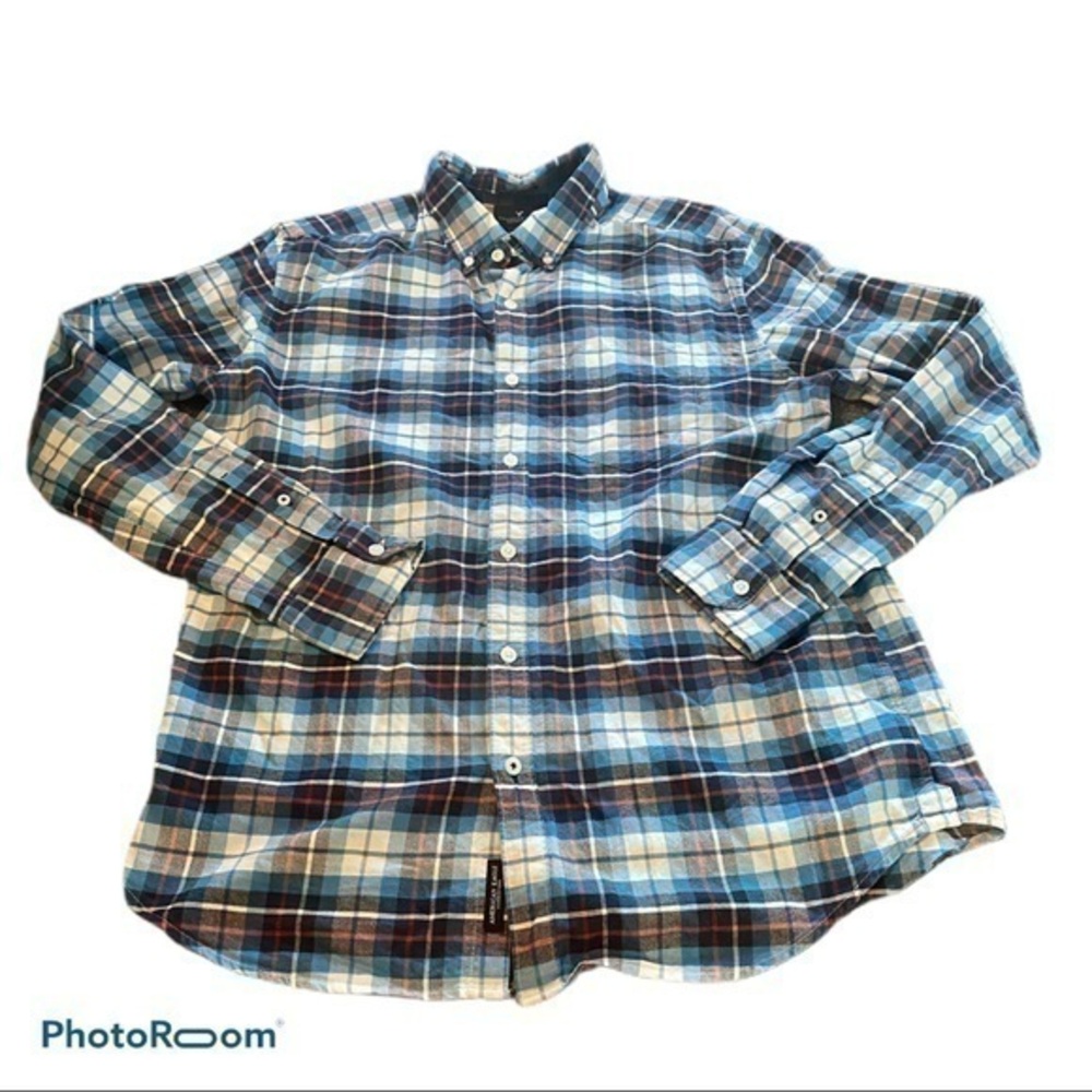 American Eagle Mens Medium Blue Plaid Button Down Shirt Classic Fit Long Sleeve